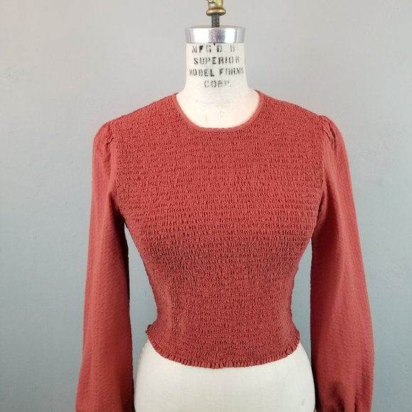 Urban Outfitters Deep Rust Orange Smocked Puff Sleeve Blouse Women's Size Small - Picture 3 of 7